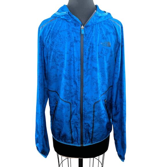 THE NORTH FACE Lightweight Nylon Windbreaker Blue Print Men's Hooded Jacket S - Picture 1 of 9